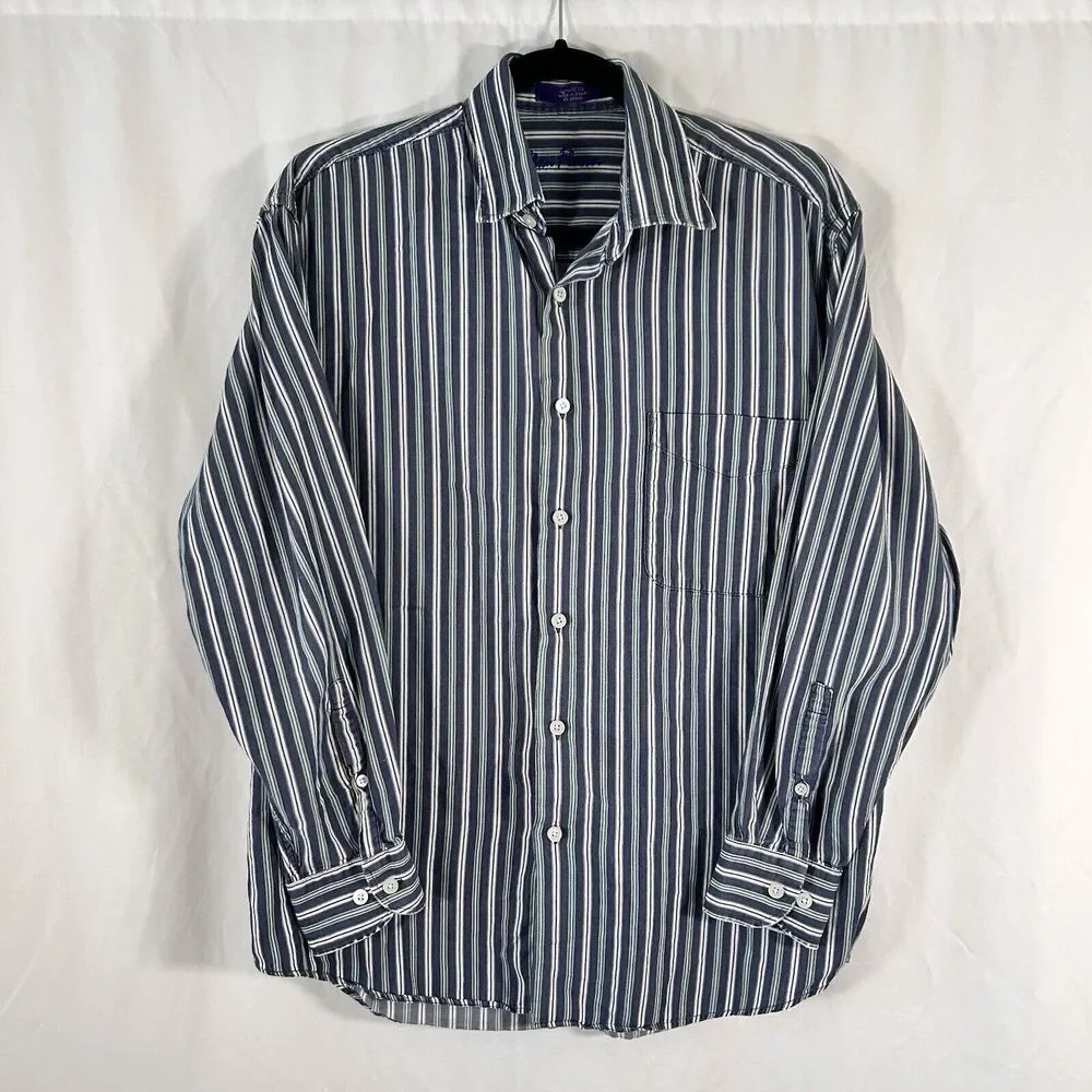 Alan Flusser Dress Shirt Men's Large Blue White Striped Button Up Long Sleeve